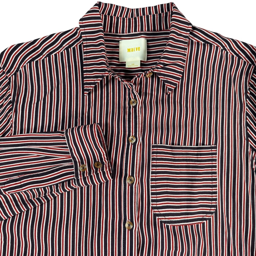 Maeve Anthropologie Striped Button Down Shirt Women XS Navy High Low Hem Tunic